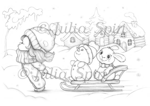 Coloring page digital stamp digi cute girl sled snowman bunny winter snow small huts whimsy crafting line art sledding is fun download now