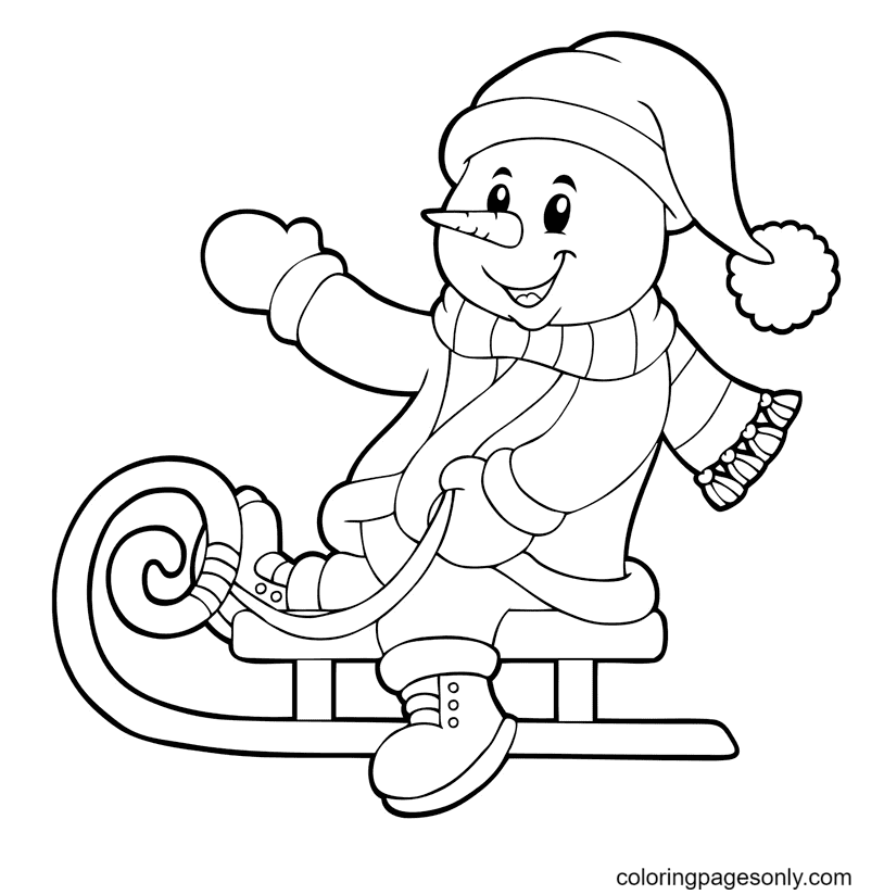 Snowman sledding coloring page