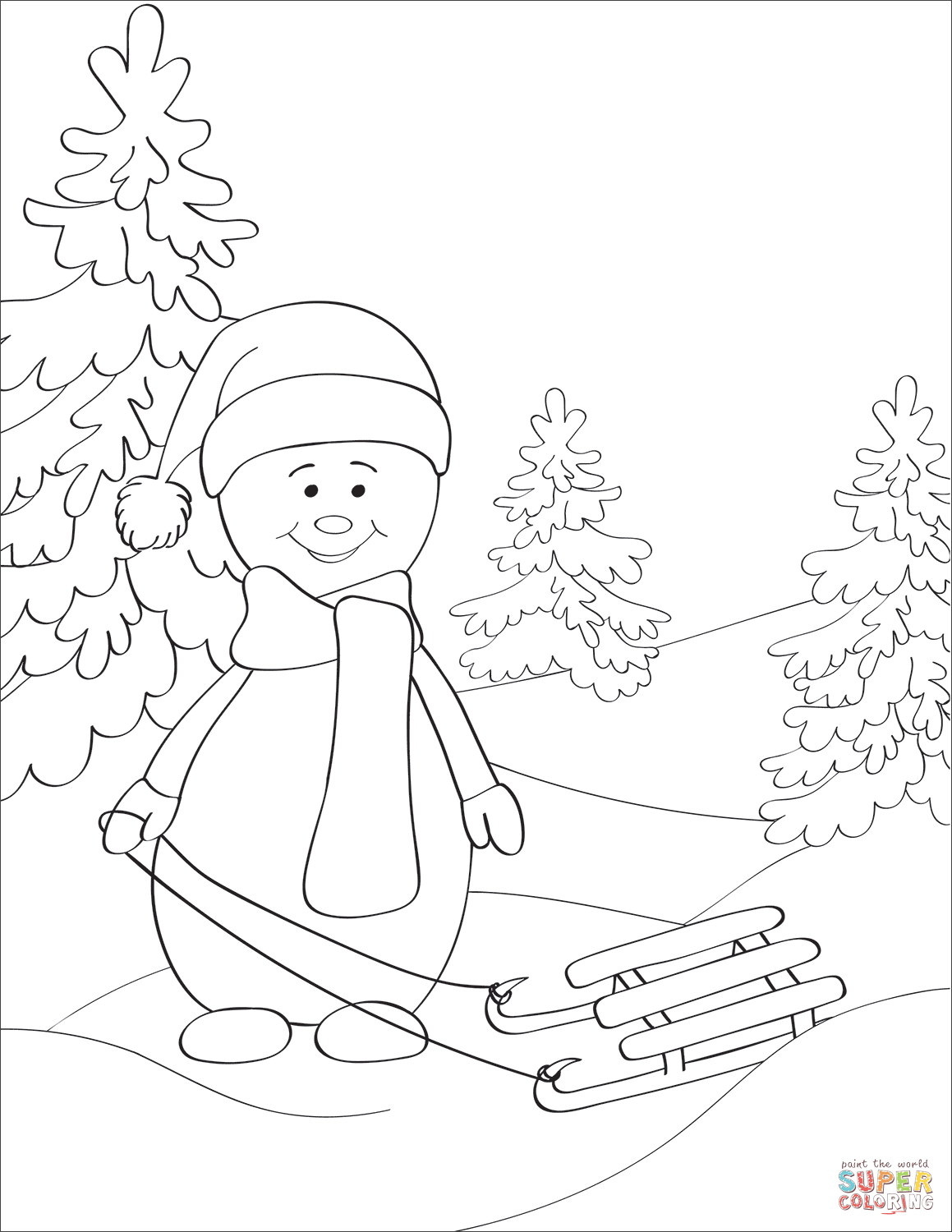 Snowman with sled coloring page free printable coloring pages