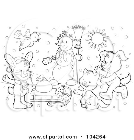 Coloring page outline of a winter snowman and animals by a sled posters art prints by