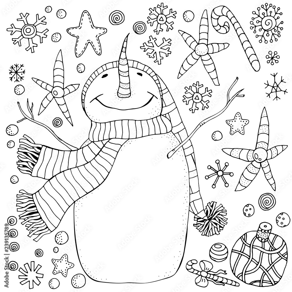 Cheerful snowman and snowflakes winter snow sled carrot merry christmas happy new year pattern for adult coloring book black and white vector