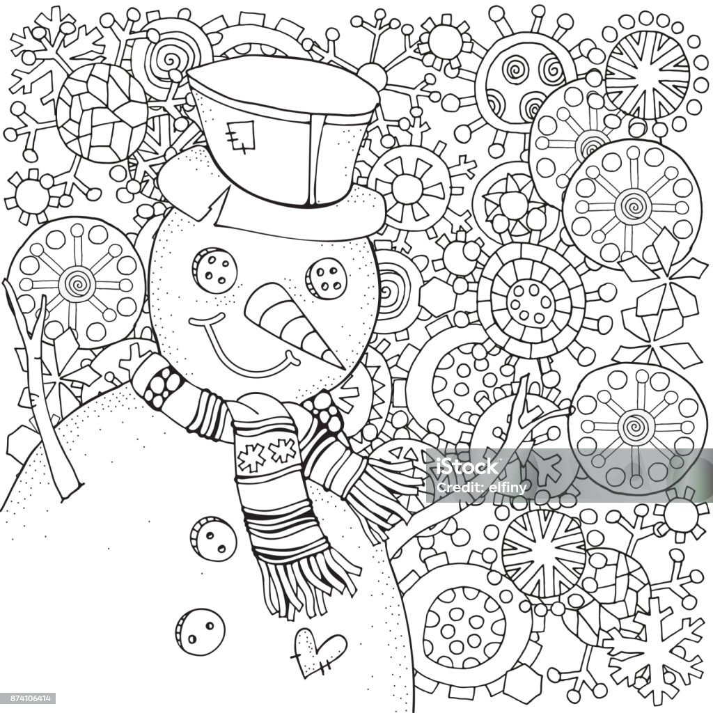 Cheerful snowman and snowflakes winter snow sled carrot buttons merry christmas happy new year pattern for adult coloring book black and white stock illustration