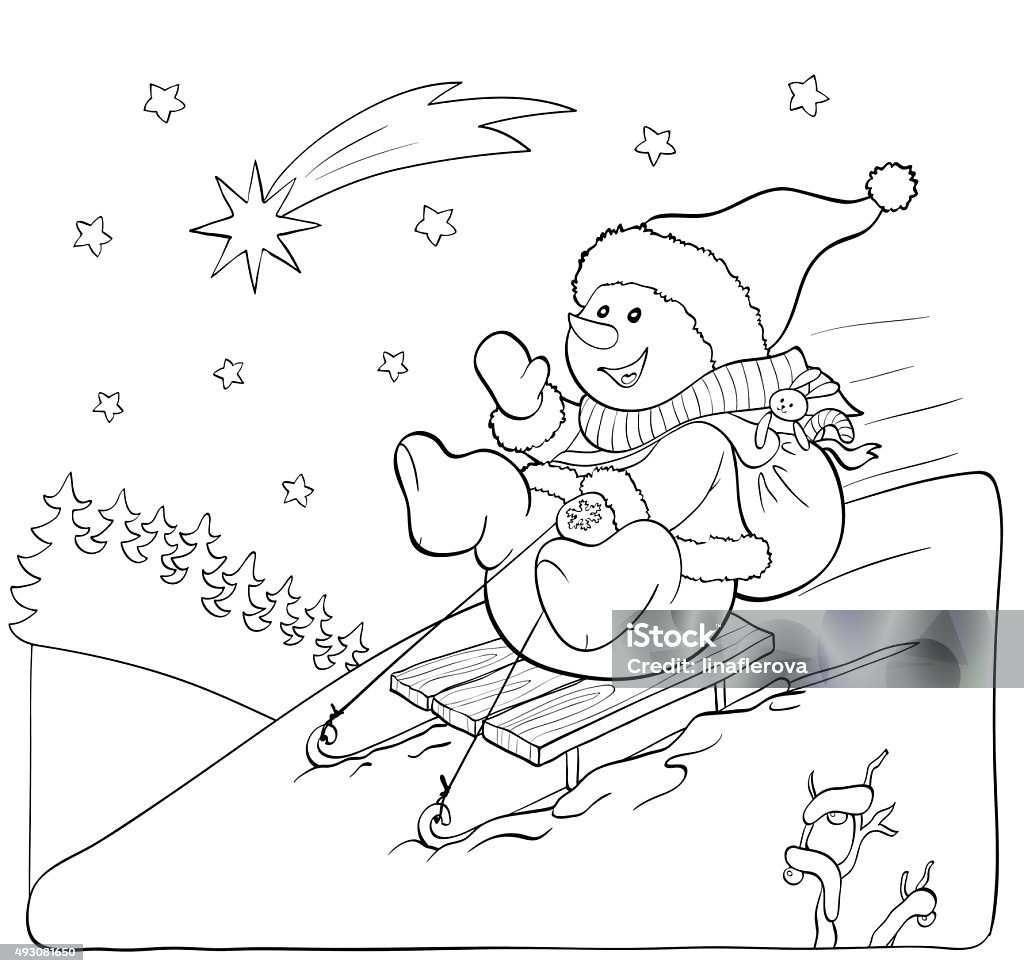 Coloring book or page snowman on the sled with gifts stock illustration