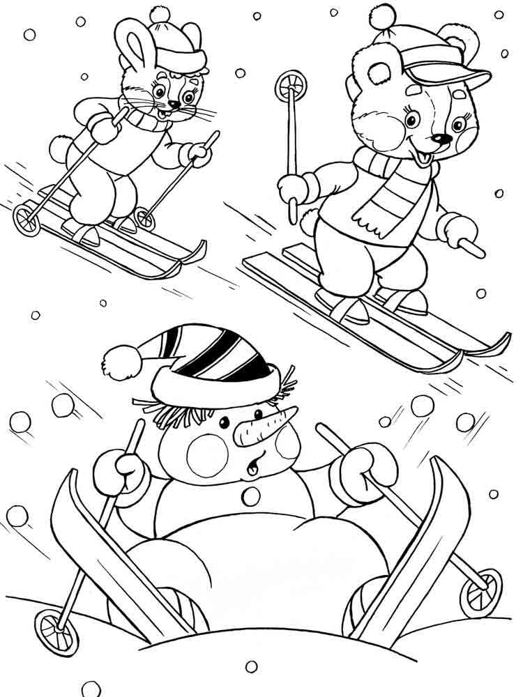 Snowman with friends on skis coloring page