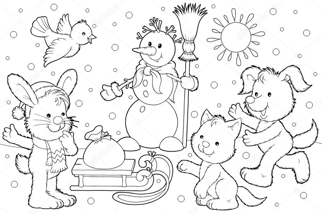 Winter snowman and animals by a sled stock illustration by alexbannykh