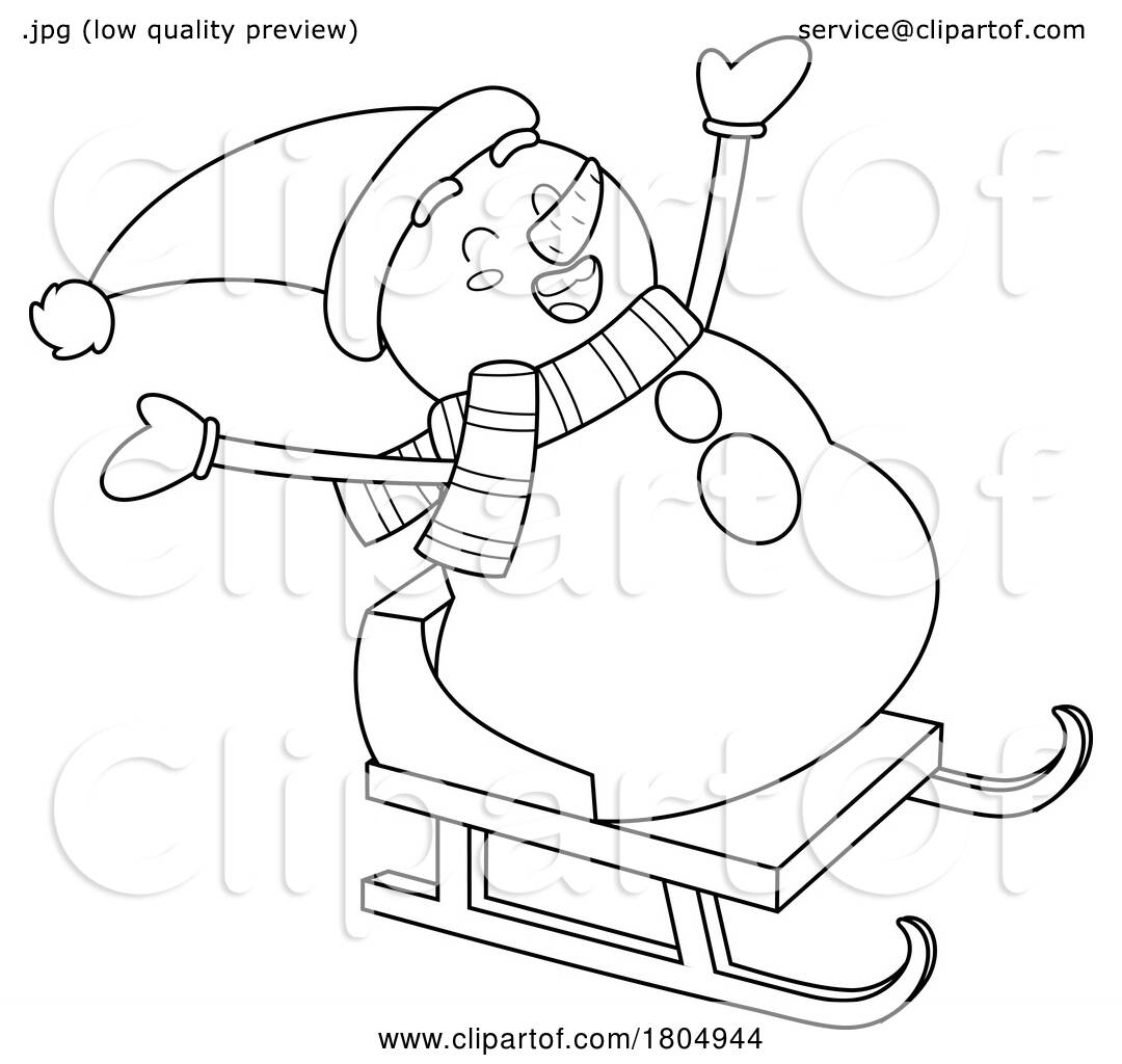 Cartoon black and white xmas snowman sledding by hit toon