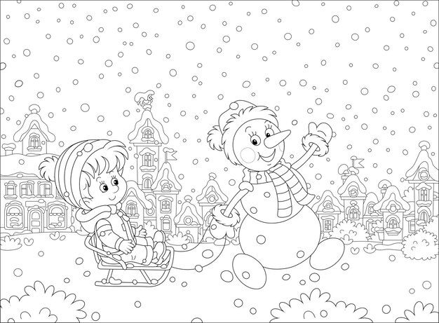 Premium vector funny snowman pulling a sled with a happy little boy down a snow