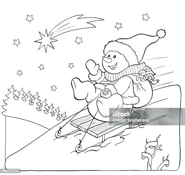 Coloring book or page snowman on the sled with gifts stock illustration