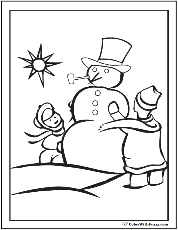 Children and snowman coloring page