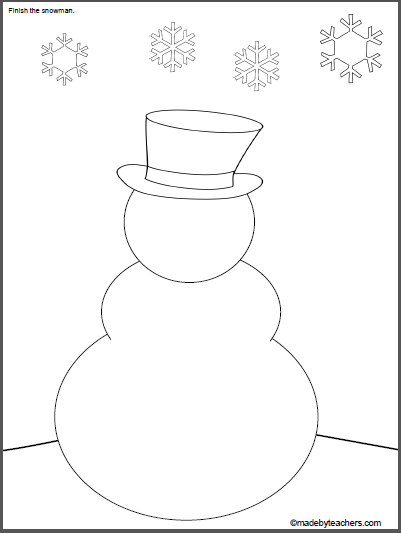 Unfinished snowman coloring and drawing printable made by teachers