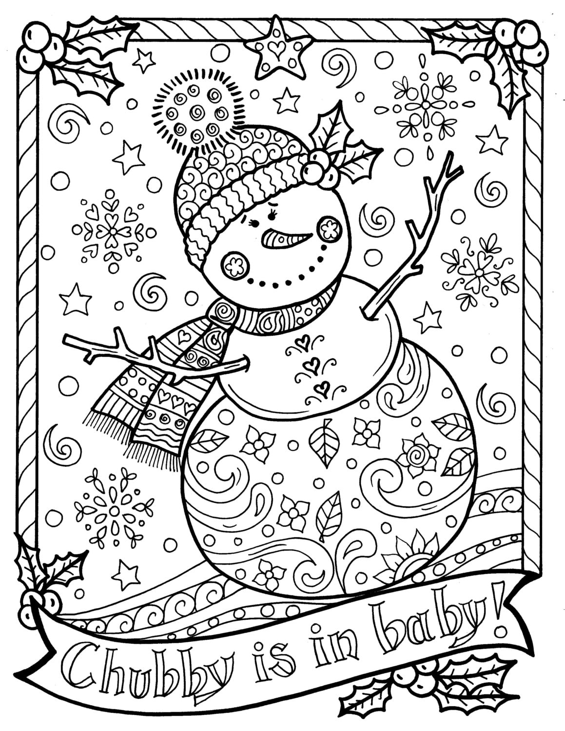 Snowman coloring page chubby christmas adult color holidays instant dowmload