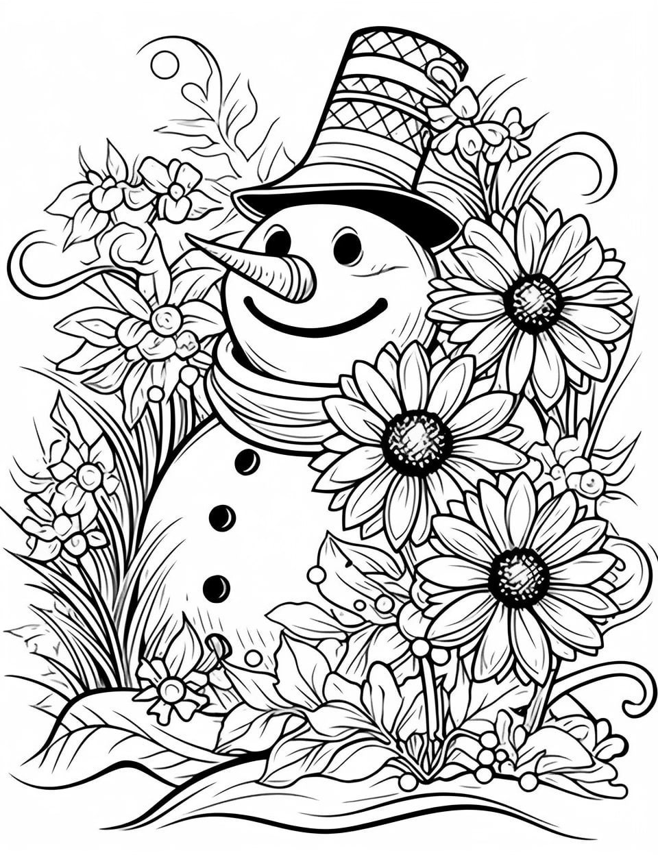 Snowman coloring pages for kids and adults