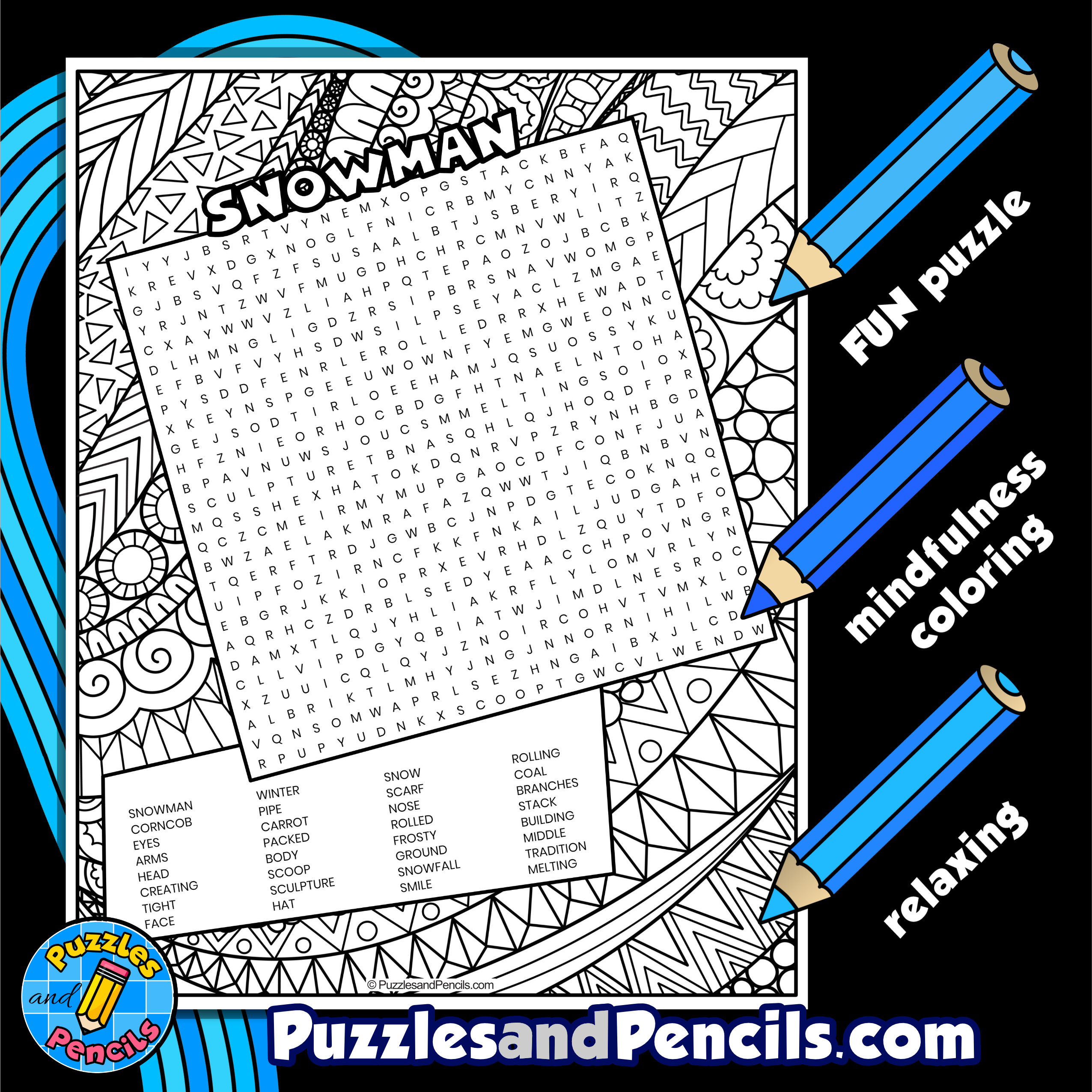 Snowman word search puzzle activity page with coloring seasons winter made by teachers