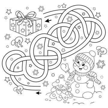 Maze or labyrinth game puzzle tangled road coloring page outline of snowman with christmas tree new year chriâ coloring books coloring pages labyrinth game