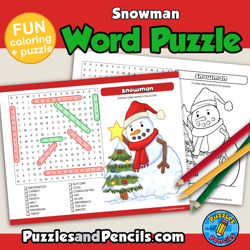 Snowman word search puzzle activity page with coloring christmas wordsearch made by teachers