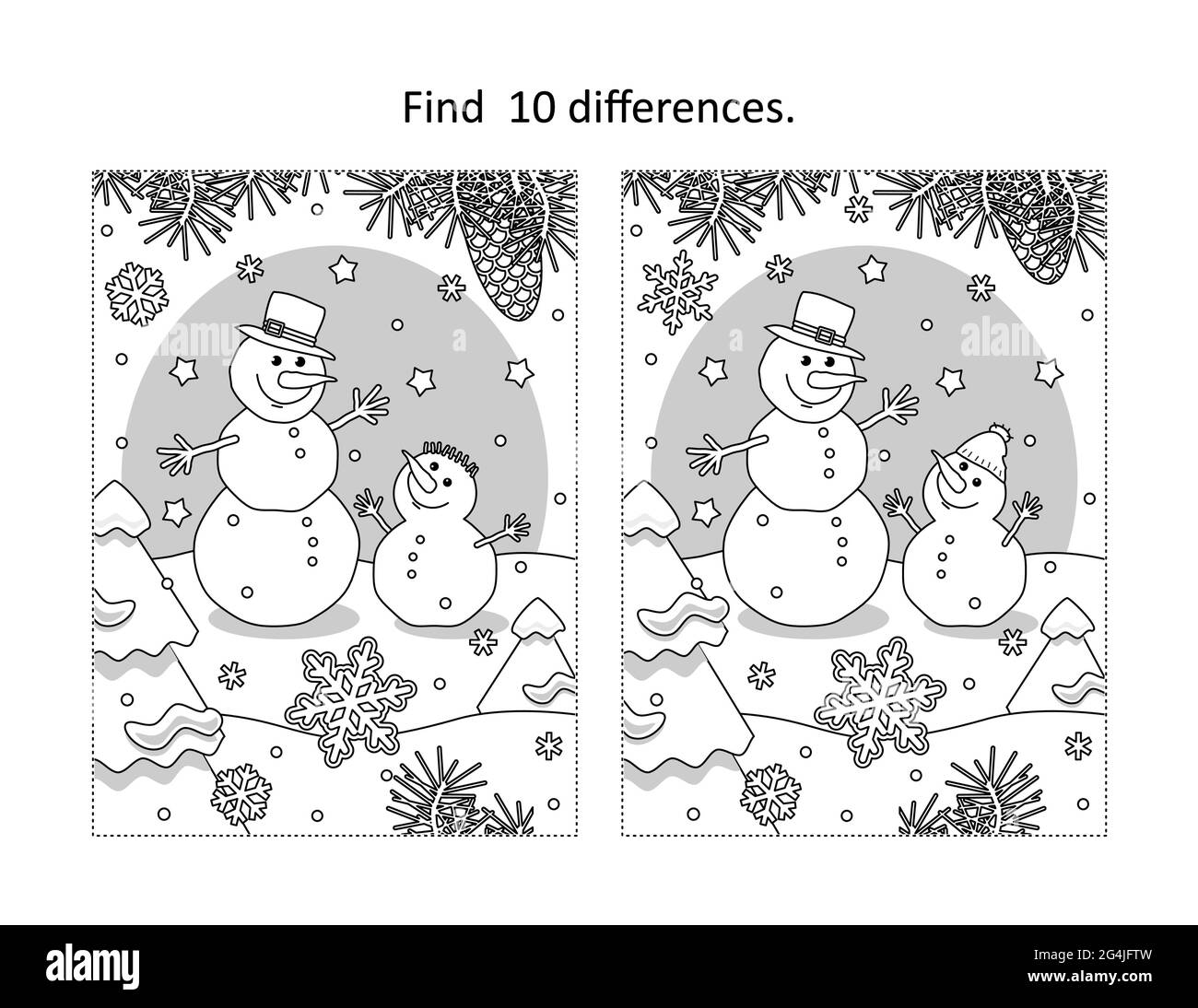 Find differences visual puzzle and coloring page with two snowmen friends stock vector image art