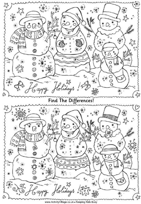 Find the differences family of snowmen puzzle printable christmas worksheets christmas school kids christmas