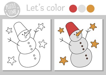 Premium vector christmas coloring page for children funny snowman vector winter holiday outline illustration with cute snow man and stars new year party color book for kids with colored examplexa