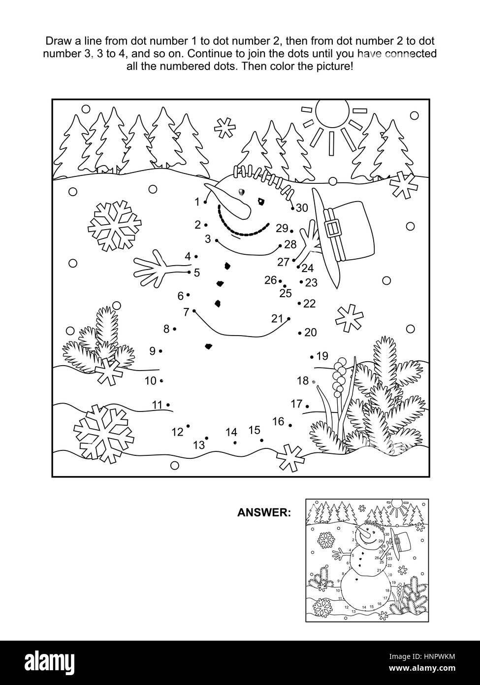 Winter new year or christmas themed connect the dots picture puzzle and coloring page