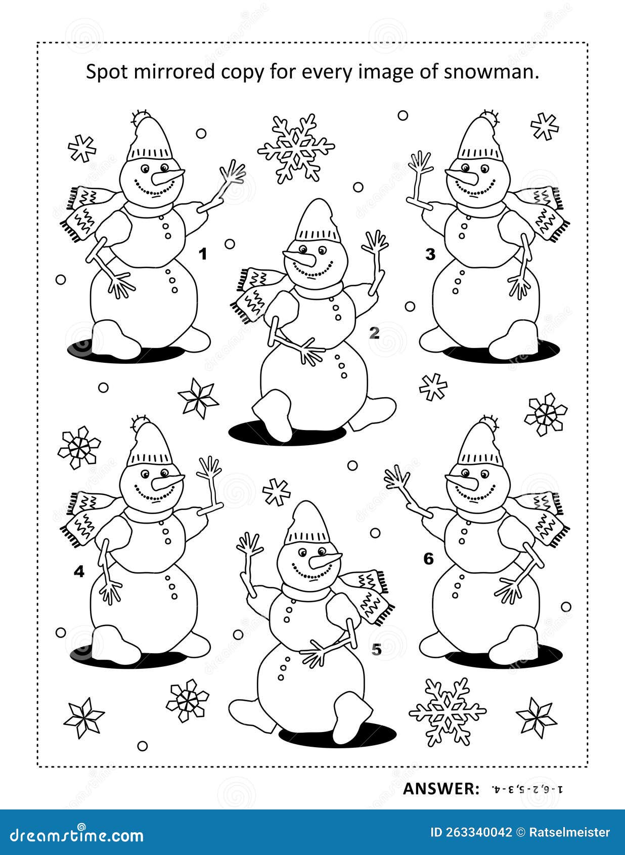 Happy playful snowmen puzzle and coloring page spot mirrored copy for every snowman answer included stock photo