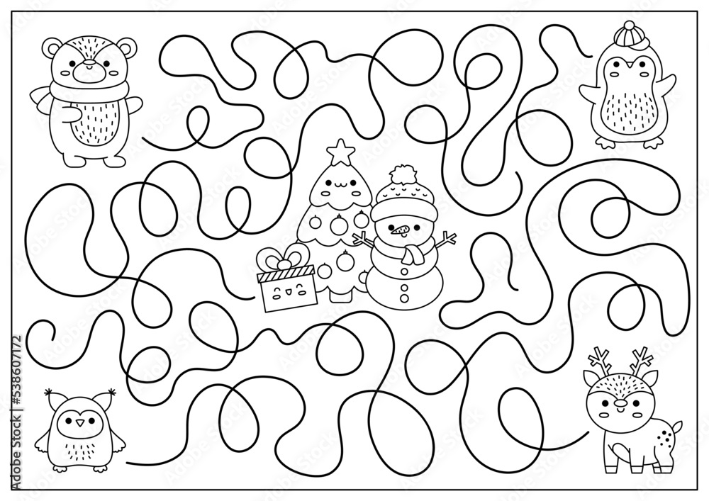 Christmas black and white maze for kids winter line holiday preschool printable activity with cute kawaii deer penguin bear tree snowman new year labyrinth game puzzle or coloring page vector