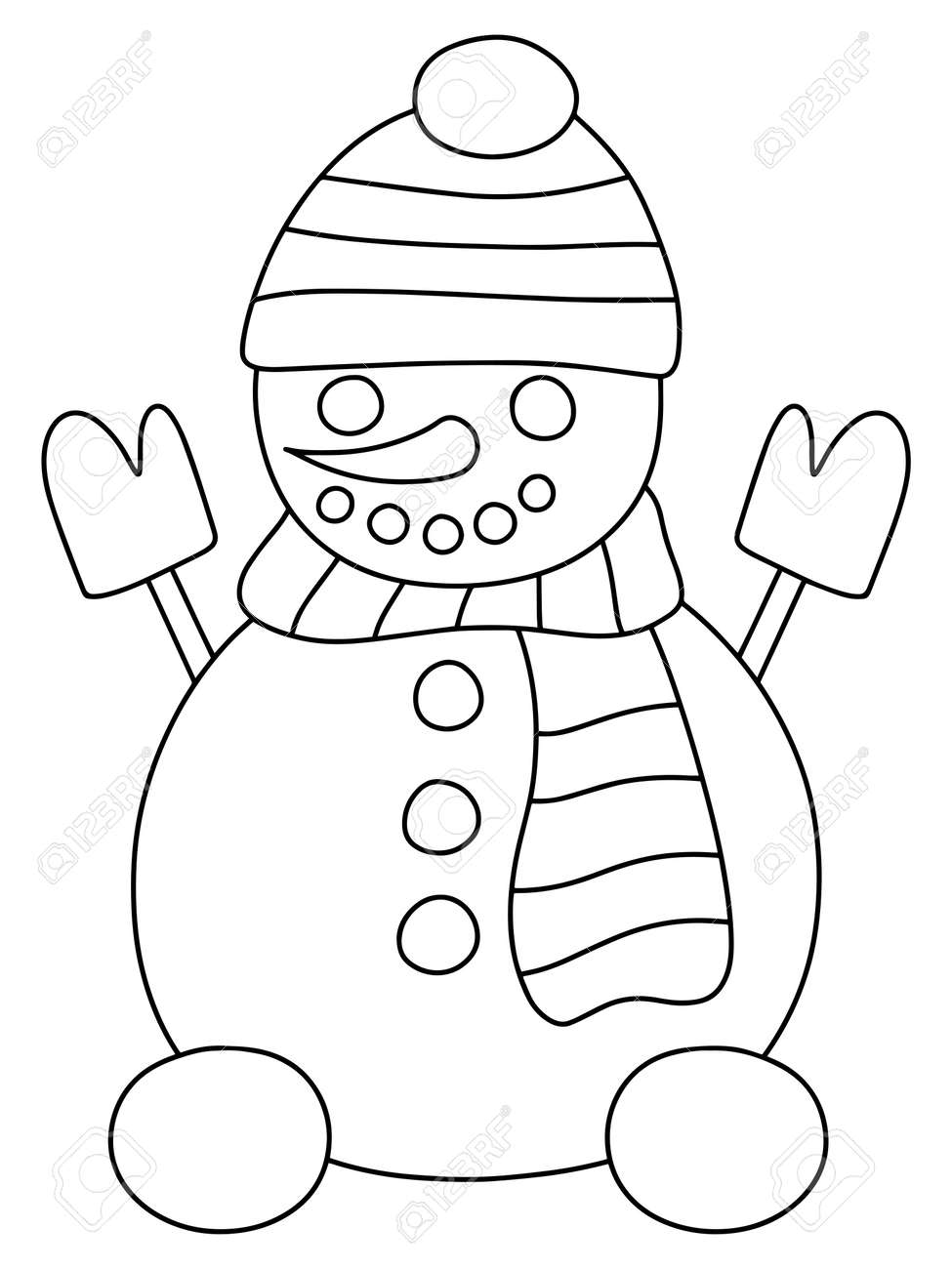 Smiling snowman coloring page for kids and adults vector cute little snowman with hat scarf and mittens funny winter character black outline white isolated vertical printable worksheet for kids royalty free svg