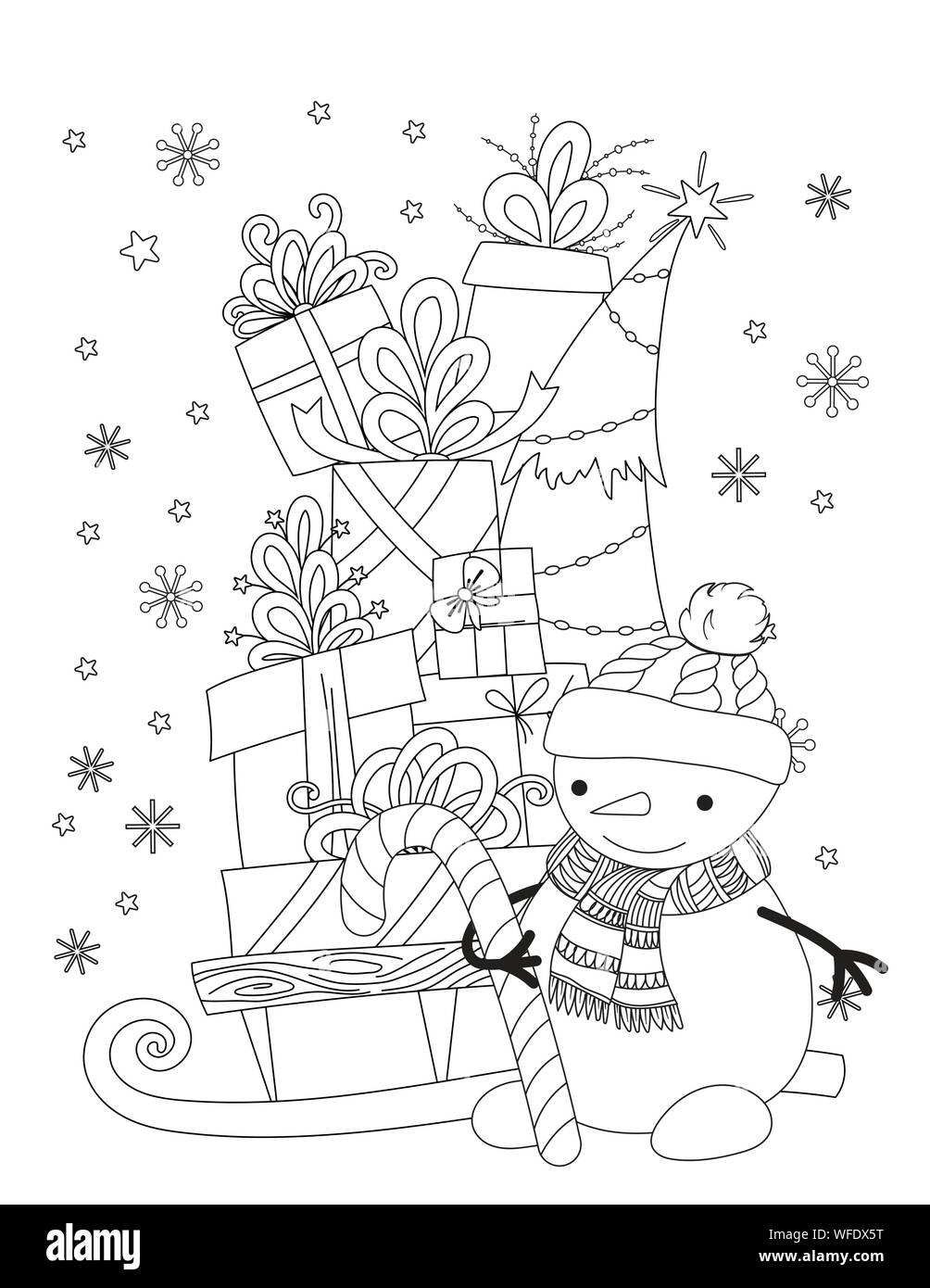 Christmas coloring page for kids and adults cute snowman with scarf and knitted cap pile of holiday presents on the sleigh hand drawn vector illustration stock vector image art