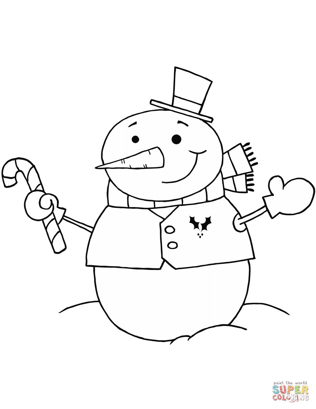 Snowman with candy cane coloring page free printable coloring pages