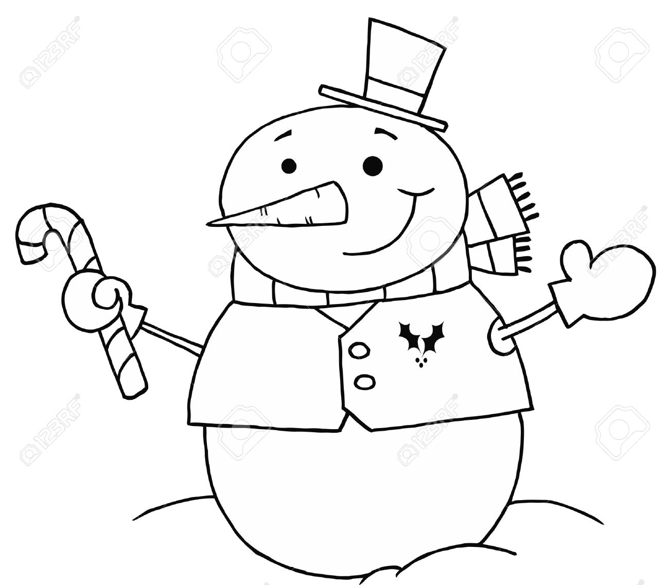 Black and white coloring page outline of a snowman holding a candy cane royalty free svg cliparts vectors and stock illustration image