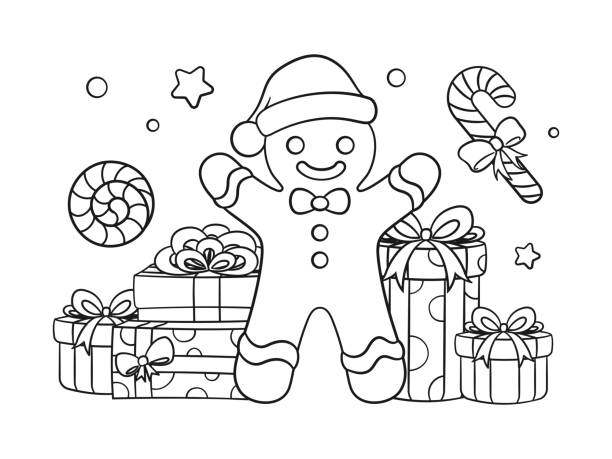 Gingerbread man with gift boxes and peppermint candy cane outline line art doodle cartoon illustration winter christmas theme coloring book page activity for kids and adults stock illustration