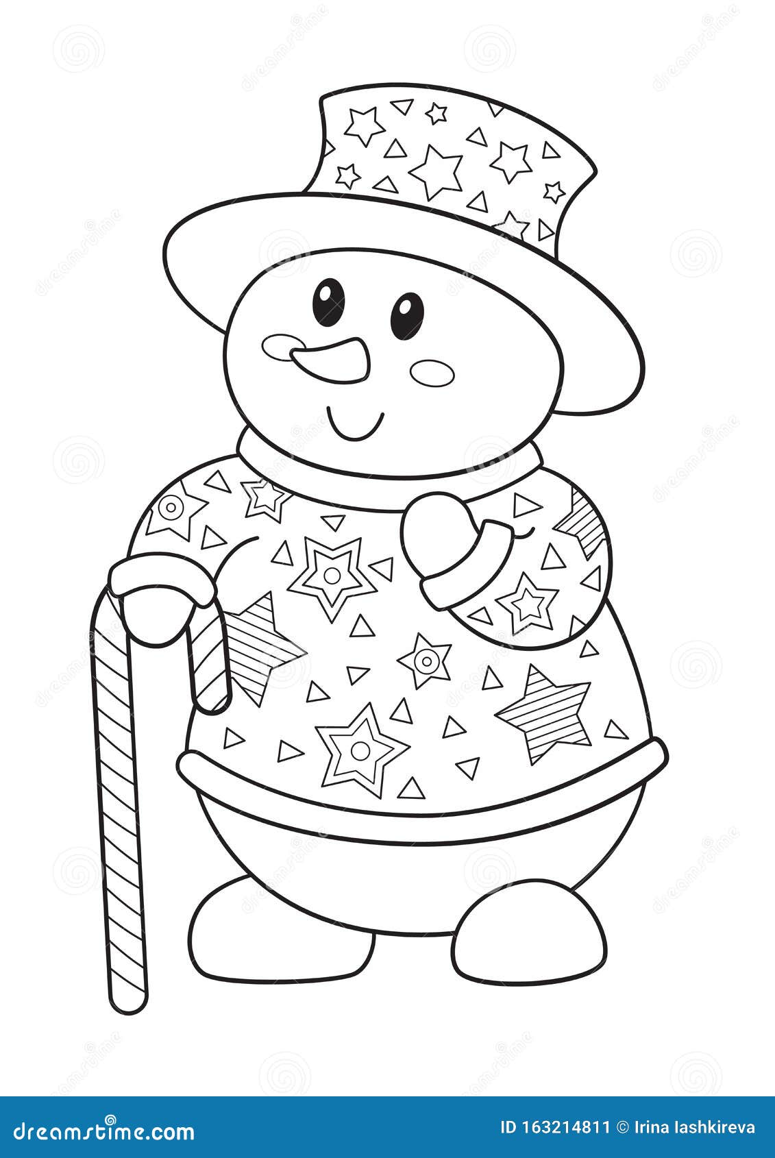 Vector doodle coloring book page cute snowman with candy cane new year and christmas illustration stock illustration