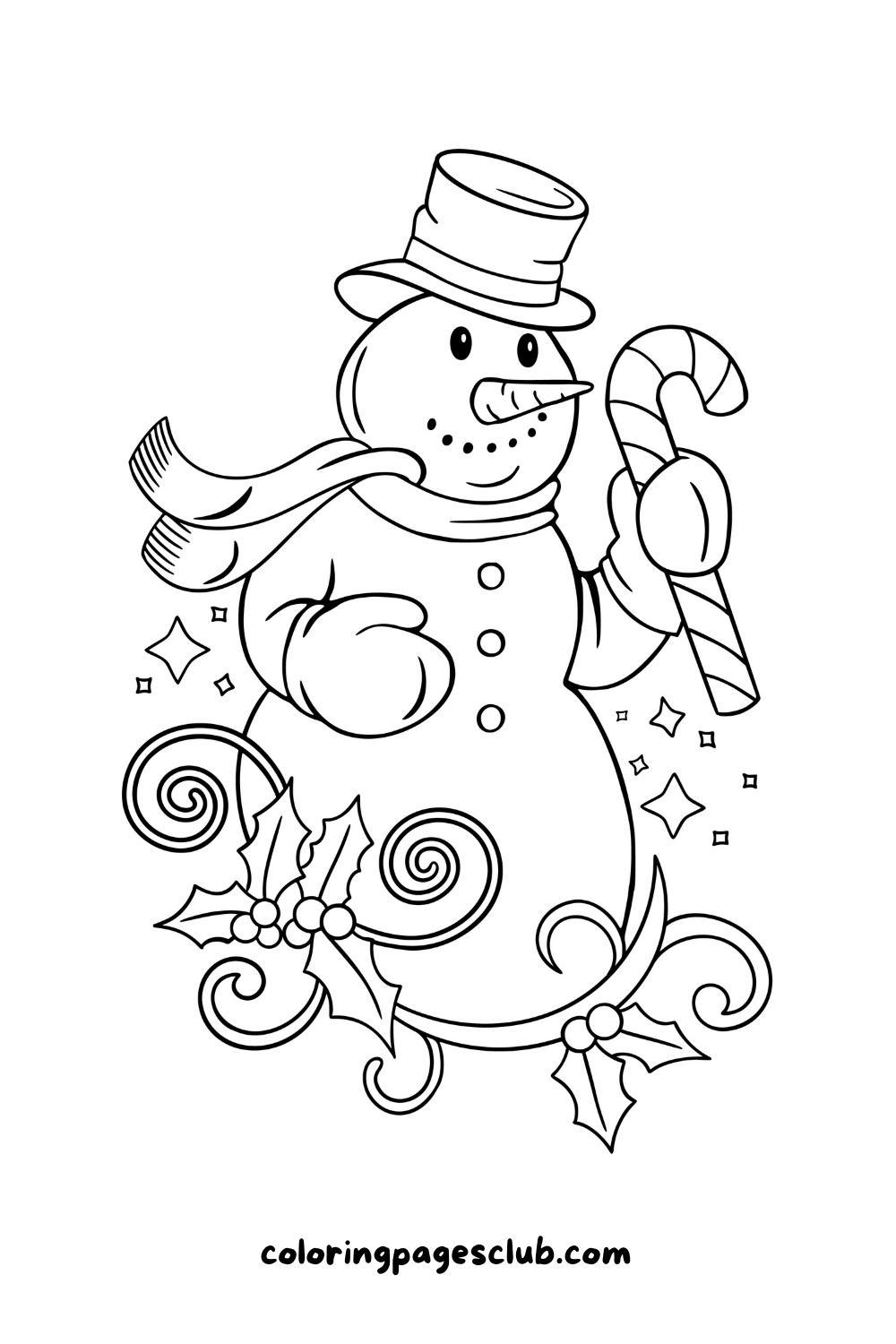 Snowman holding a candy cane