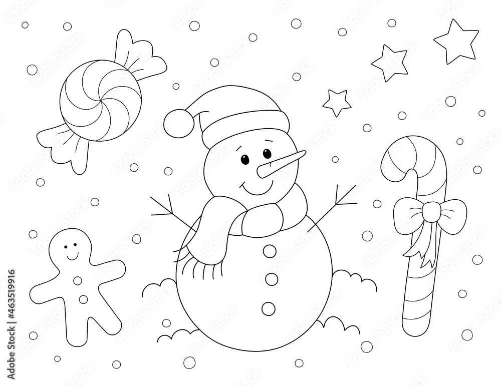 Christmas snowman coloring page for kids with a candy cane stars and more shapes to color you can print it on standard x inch page illustration