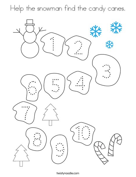 Help the snowman find the candy canes coloring page