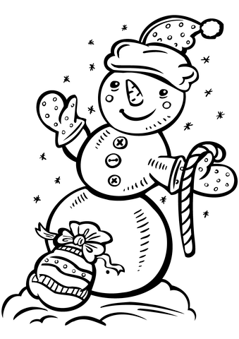 Snowman with candy cane and gift bag coloring page free printable coloring pages