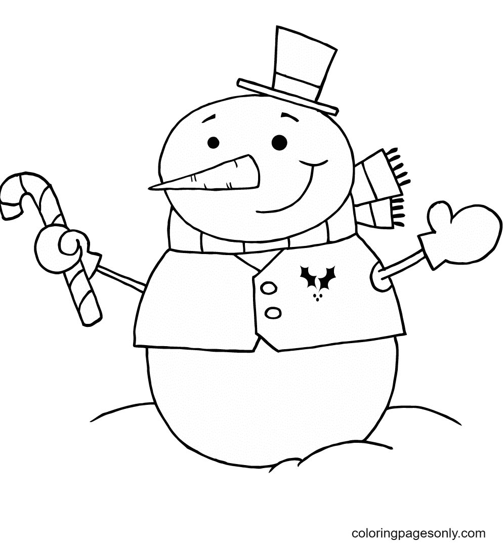 Snowman with candy cane coloring page