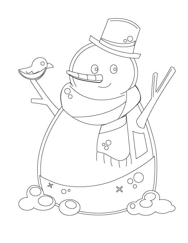 Snowman with bird in winter coloring page