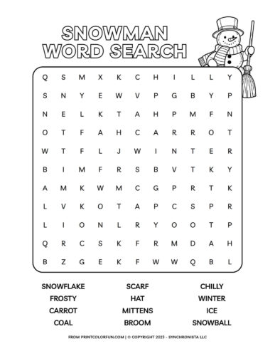 Cool snowman coloring pages plus snowman word search mazes to chill out with at