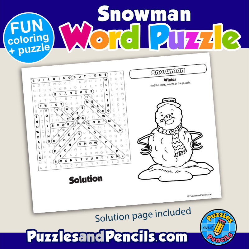 Snowman word search puzzle activity page with coloring winter wordsearch made by teachers