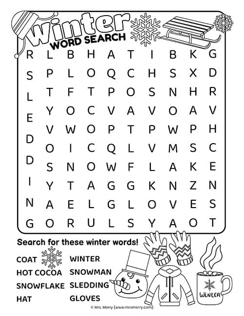 Free winter word search printable mrs merry