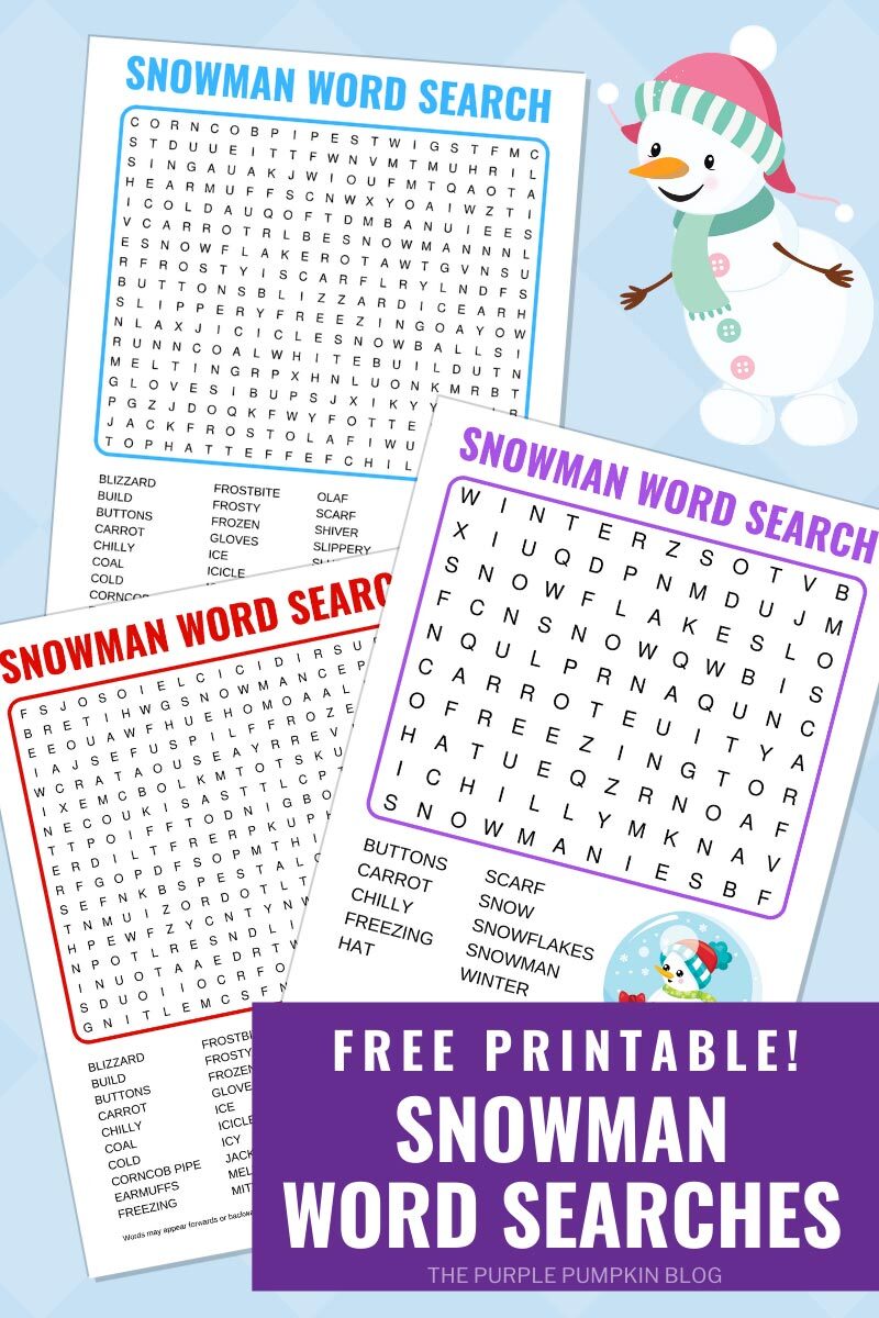 Nine free printable snowman word search puzzles easy medium hard