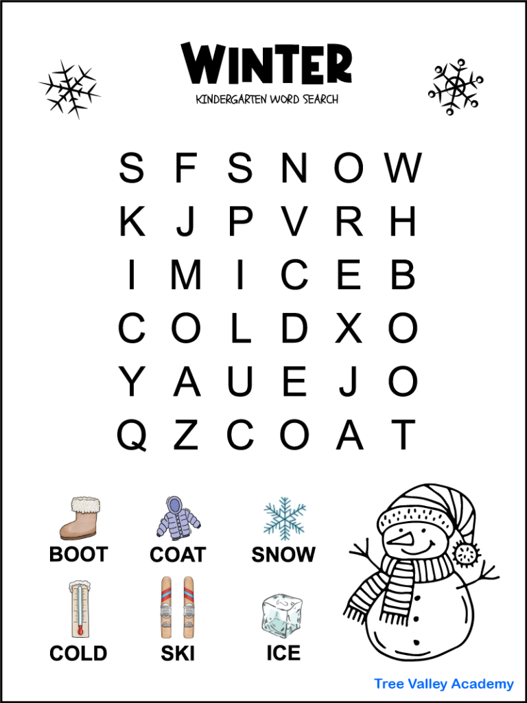 Kindergarten winter word search