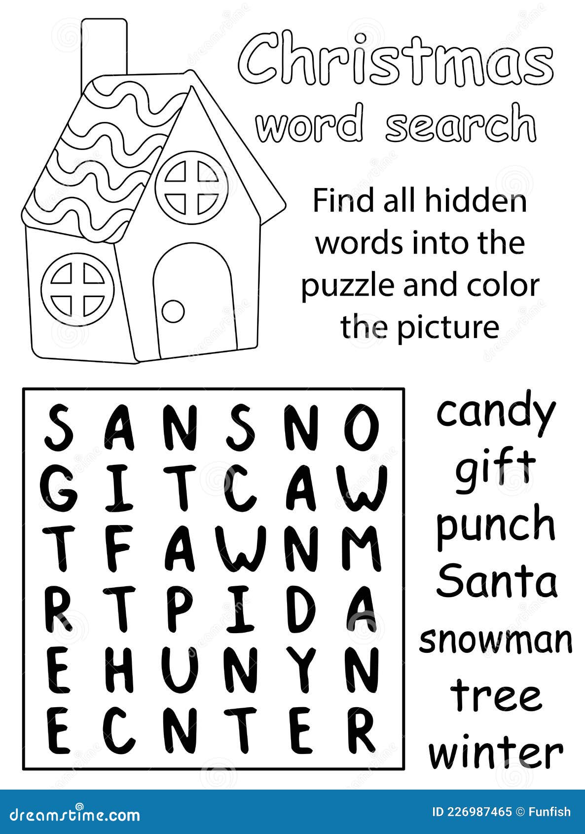 Christmas word search puzzle black and white activity page for children vector illustration stock vector