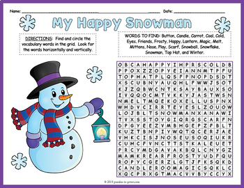 My happy snowman word search worksheet coloring page activity tpt