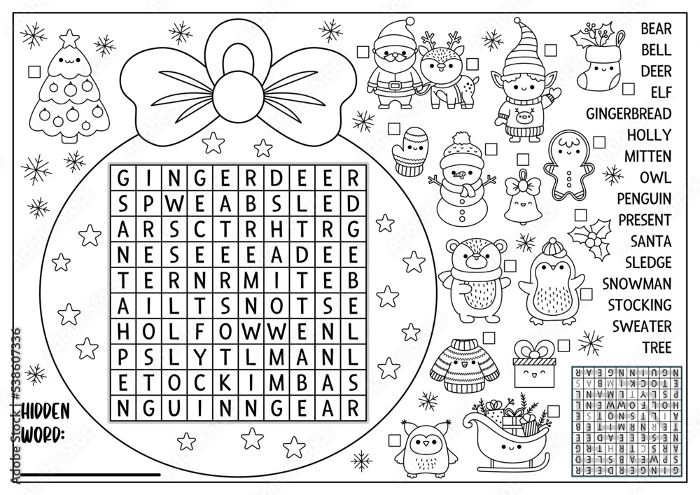 Vector christmas black and white ball shaped word search puzzle for kids winter line kawaii holiday quiz for children educational coloring page cute new year english language cross word vector