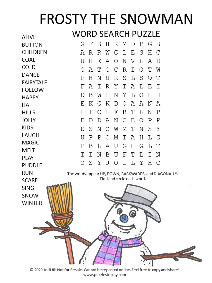 Frosty the snowman word search puzzle