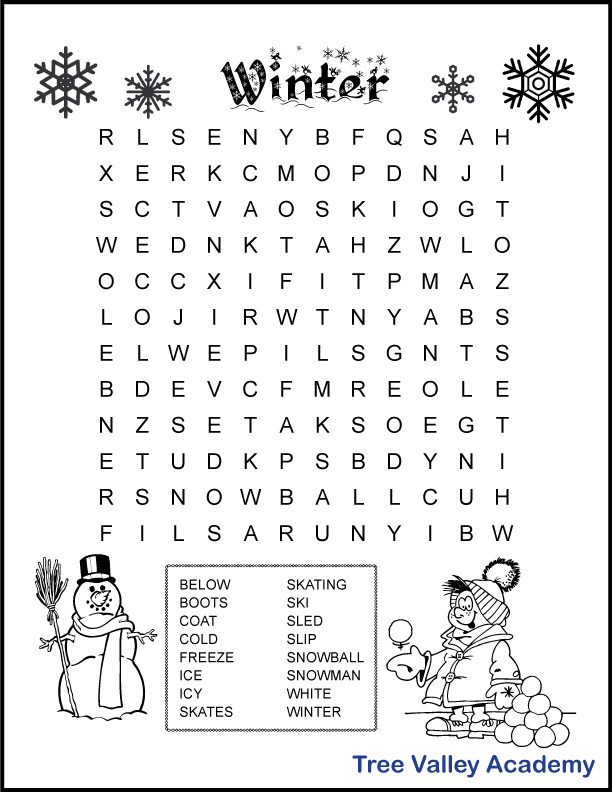 Printable winter word search for rd grade