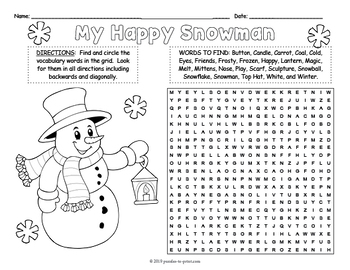 My happy snowman word search worksheet coloring page activity tpt