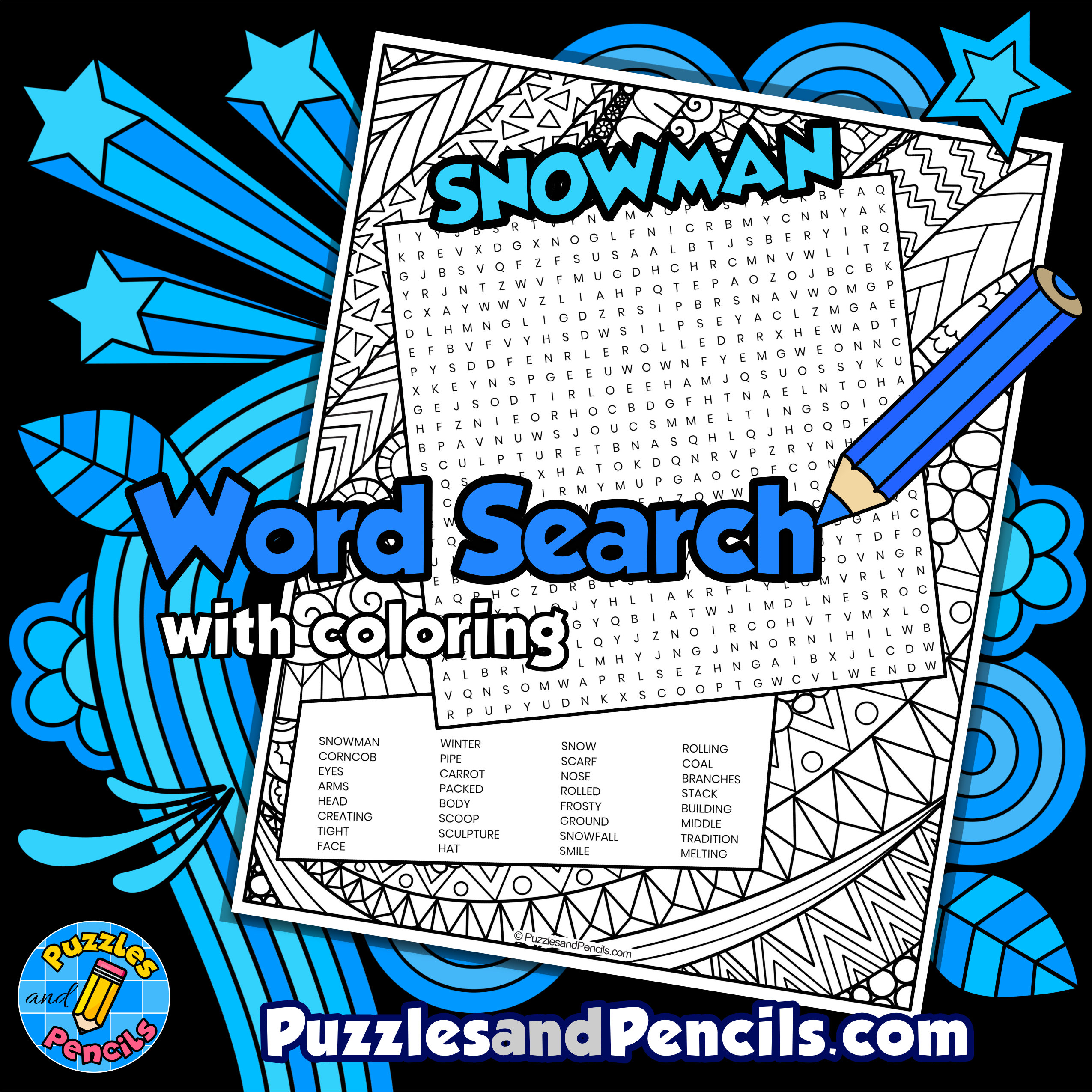 Snowman word search puzzle activity page with coloring seasons winter made by teachers