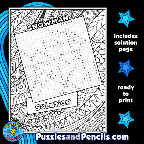 Snowman word search puzzle activity page with coloring seasons winter made by teachers